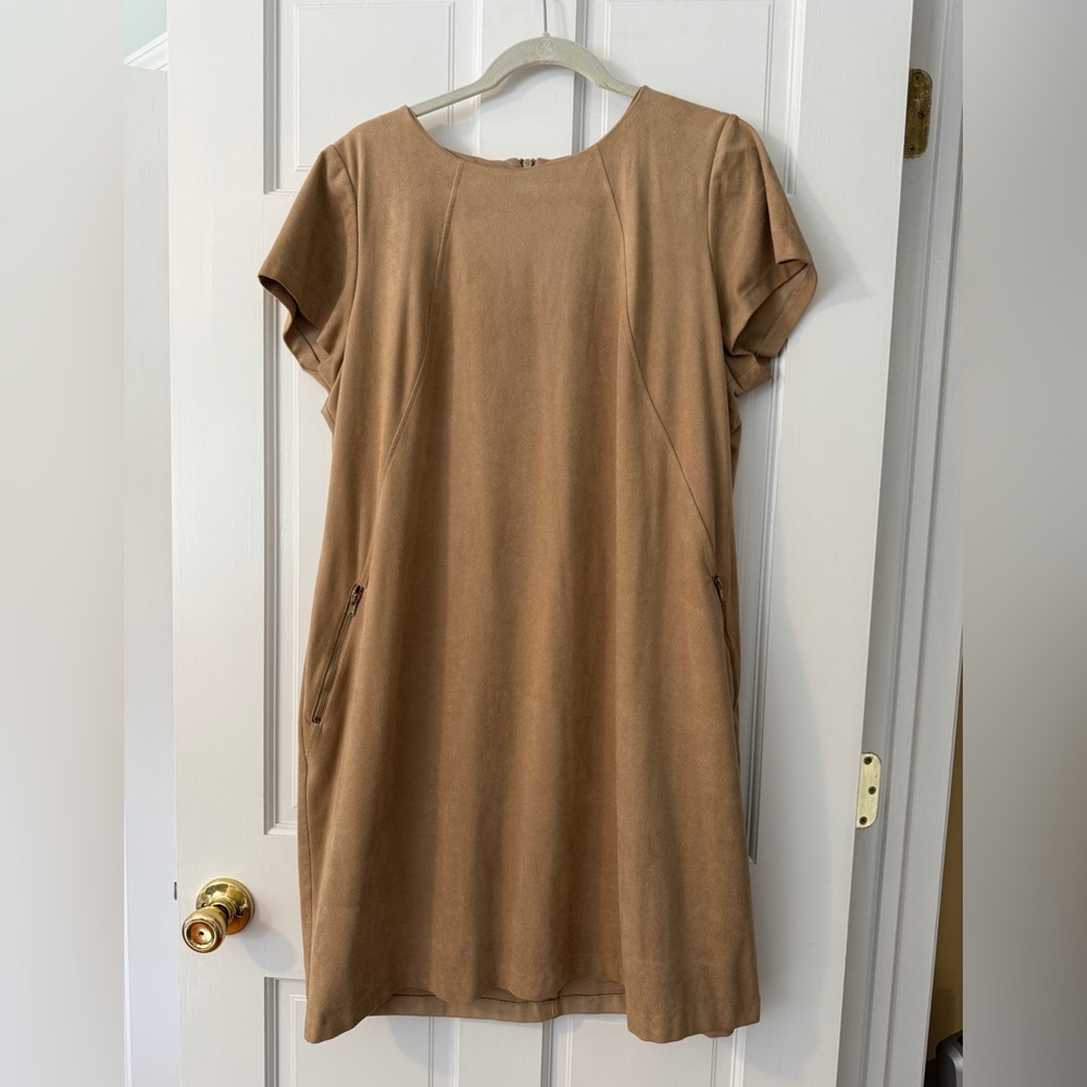 Camel Faux Suede Short Sleeve Dress with Zippered Pockets